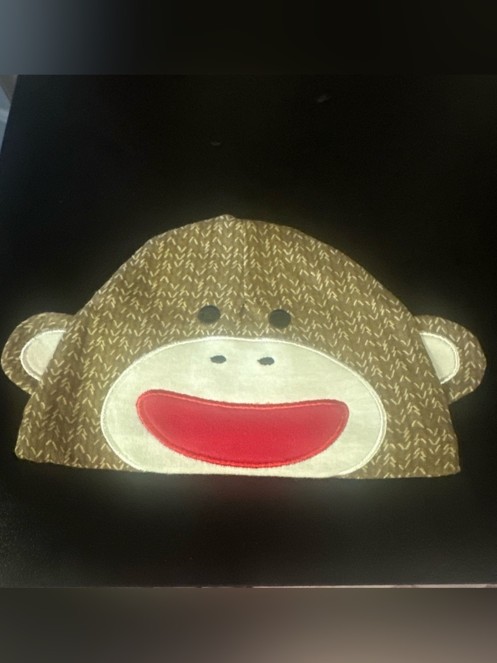 Kids Brown Sock Monkey Beanie Hat with Red Mouth fits 6-9 months